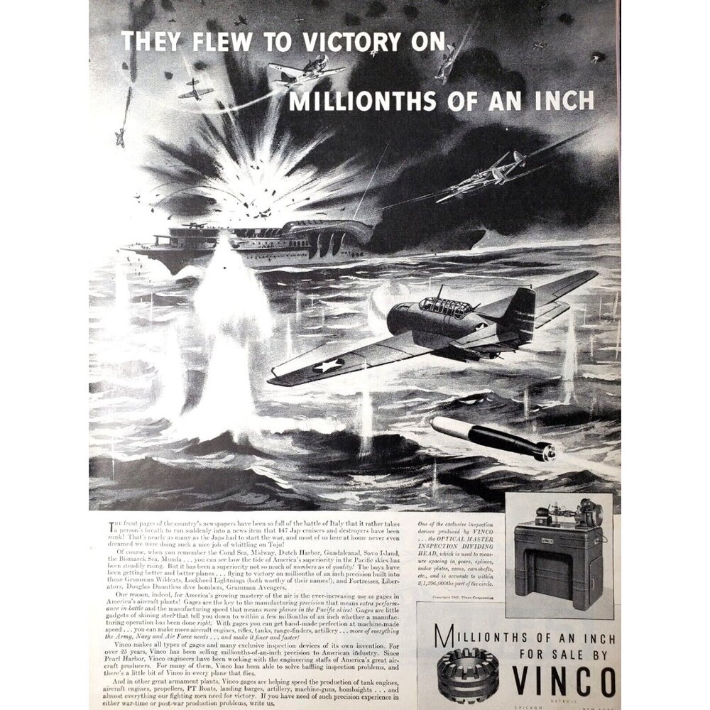 PRINT AD 1943 Vinco Optical Master Inspection Dividing Head WWII Battle Scene